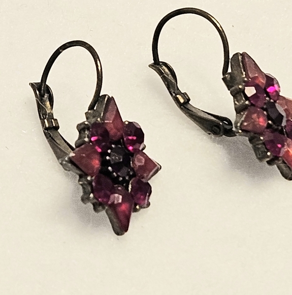 Vintage-Inspired Garnet & Amethyst Crystal Flower Drop Costume Earrings - Picture 2 of 5